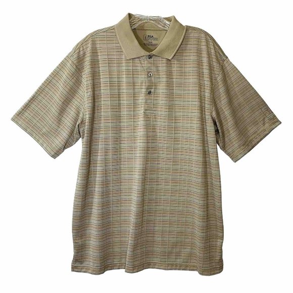 PGA Tour Mens Beige Striped Golf Polo Shirt Size L Short Sleeve Activewear Trip - Picture 1 of 11